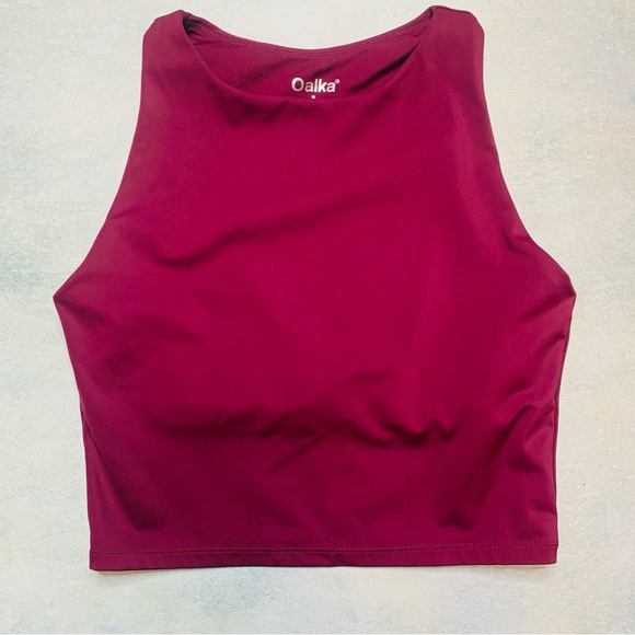 Tops - Maroon Cropped High Neck Built in Bra Stretchy Tank Top | Medium
